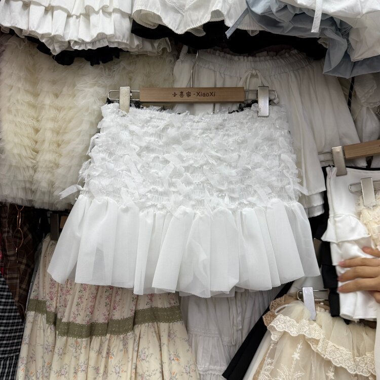 白色荷叶边网纱半身裙女2026年夏季雪纺流苏减龄显瘦甜美蓬蓬短裙