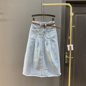 褶皱设计感高腰牛仔半身裙女春秋浅蓝色减龄显瘦A字裙过膝中长裙