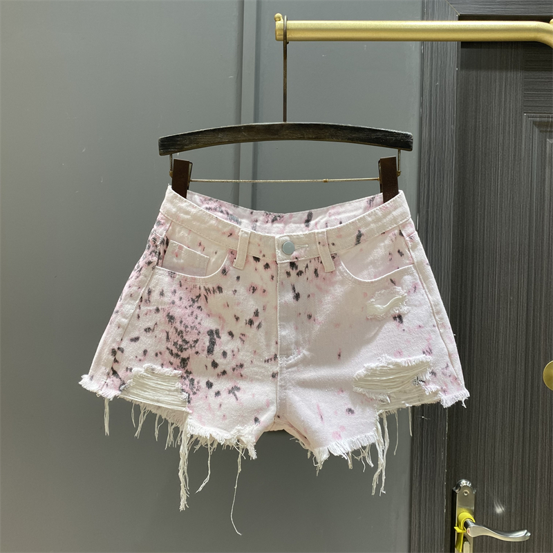 粉色扎染印花辣妹休闲牛仔短裤女夏装新款破洞毛边A字阔腿热裤潮