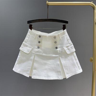 白色高腰牛仔百褶短裙