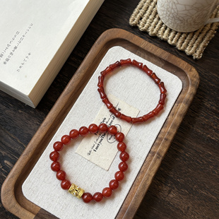 明月如霜 原创自制天然红玛瑙竹节新中式国风串珠手链搭配沙金