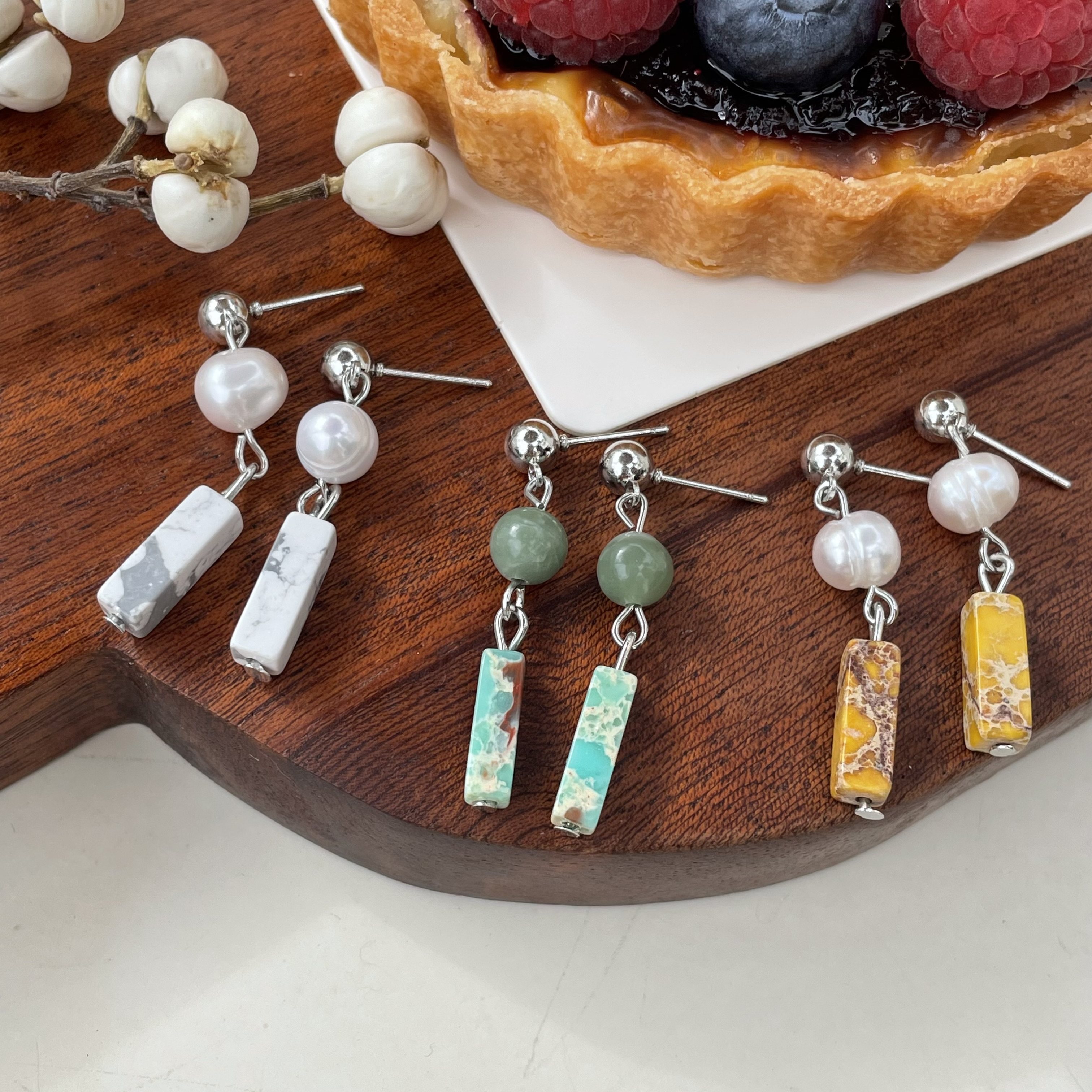 月照松林 原创自制天然松石淡水制作拼接新中式日常小巧耳钉耳夹,饰品/流行首饰/时尚饰品新,耳环,淘宝优惠券,粉丝福利购,淘宝优惠卷