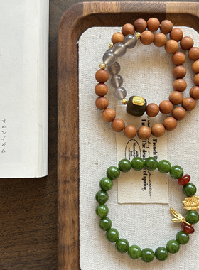 青玉灰玛瑙搭配檀木古风双圈手链