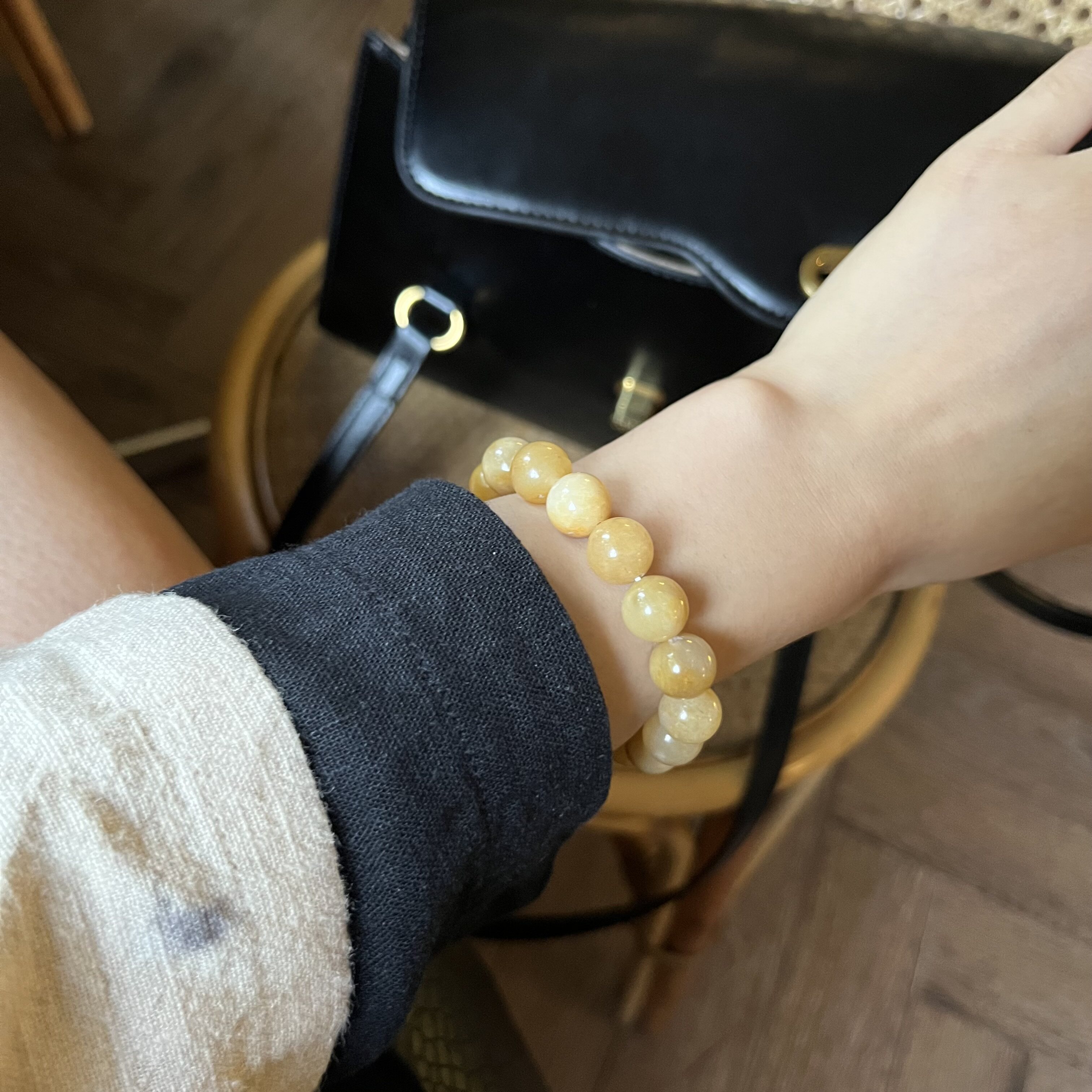 冷清秋 天然汉白玉柠檬玉撞色清冷感气质冷淡弹力手链中式 自制