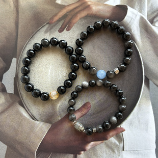 玄穹坠影 原创自制手作天然黑曜石银曜石有能量的石头 弹力手串