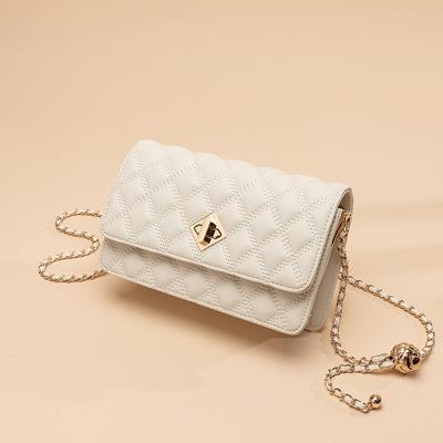 2025新款白色真皮菱格链条包时尚单肩包百搭斜挎包轻奢女包