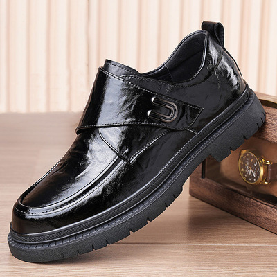 增高男鞋秋冬懒人魔术贴厚底休闲皮鞋商务男士德比鞋一脚蹬工装鞋