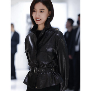 王珞丹同款海宁高奢皮衣外套女2026春季新款短款时尚夹克机车上衣