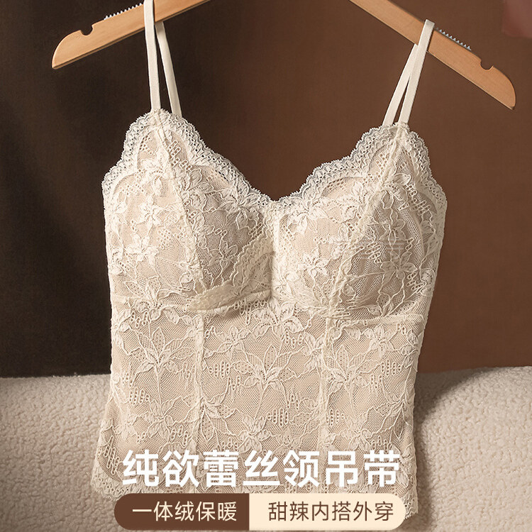 2025新款法式性感蕾丝秋冬保暖吊带背心内衣女带胸垫内搭外穿美背