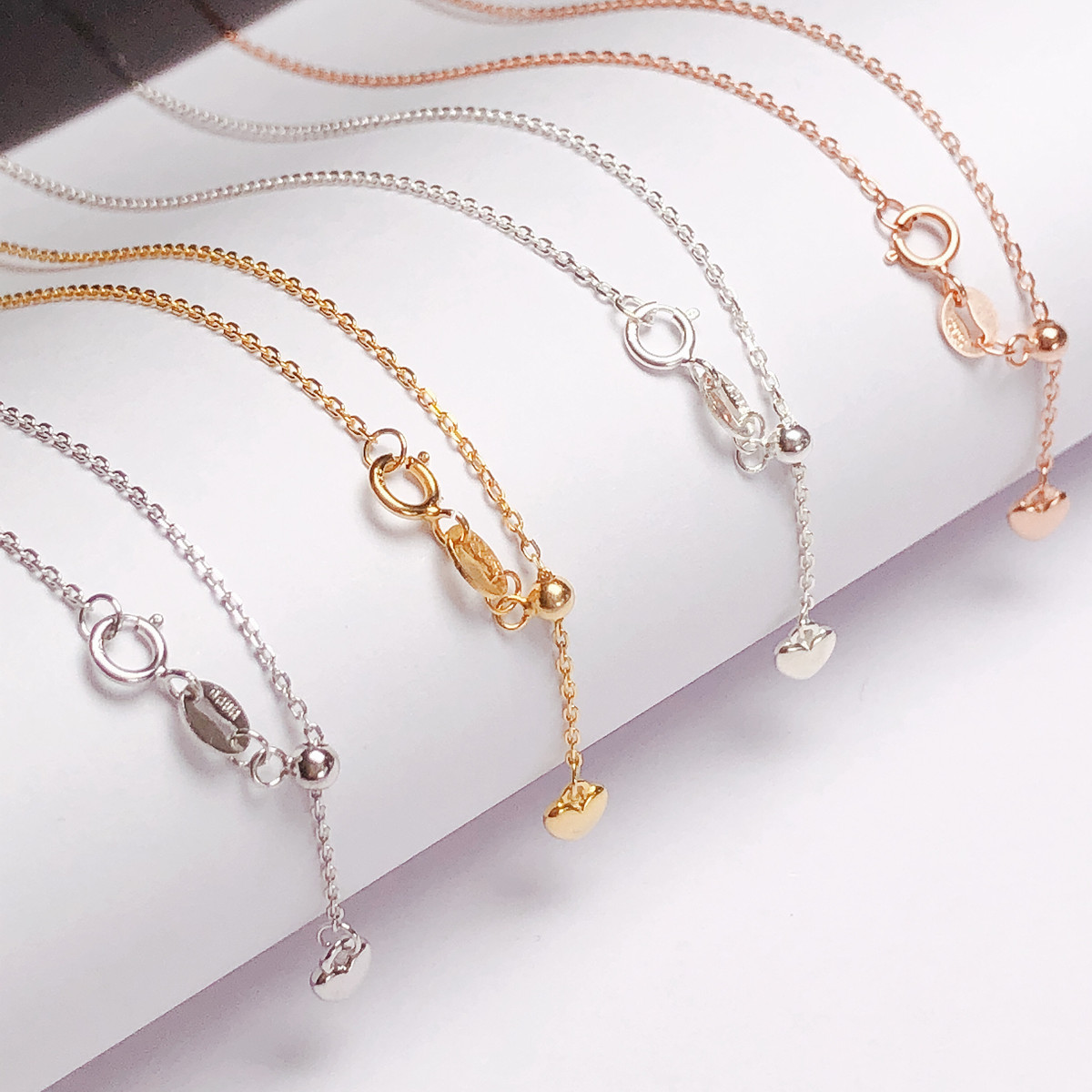 925纯银裸链o字链银链项链女简约45厘米可调节爱心链尾锁骨链包邮