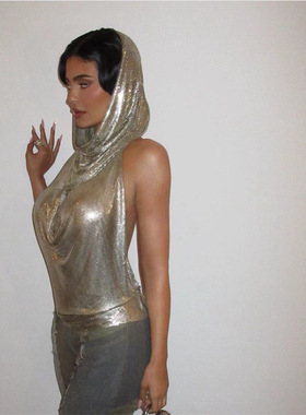 跨境热销ins欧美短款chic性感蹦迪抹胸亮片夜店吊带背心头套20293