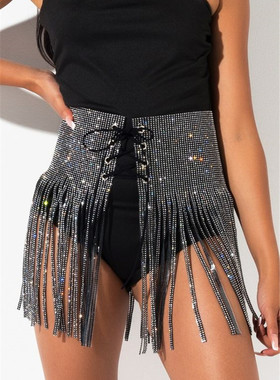 欧美风复古束腰绑带新款性感超闪钻bling流苏半身裙短裙女1046