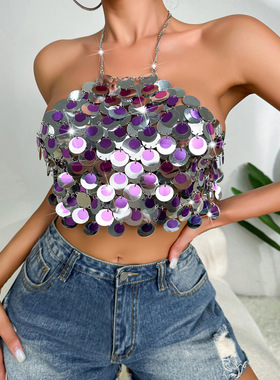 欧美夏季2023新款跨境朋克性感拼色珠片挂脖吊带背心21024