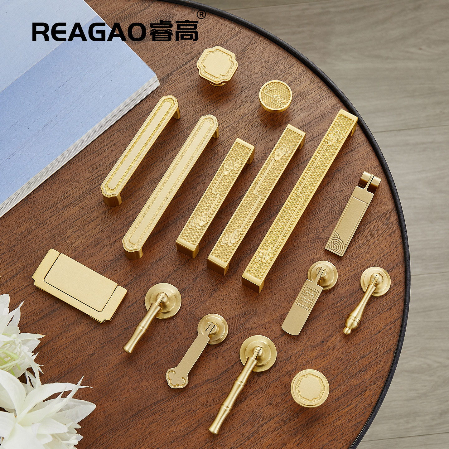 睿高黄铜柜门拉手金色抽屉小拉手橱柜衣柜门把手新中式祥云柜子,基础建材,小拉手,淘宝优惠券,粉丝福利购,淘宝优惠卷