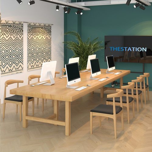 莲花雨简约原木会议桌椅组合