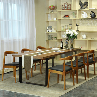 北欧小户型长方形现代简约餐桌椅组合客厅饭桌铁艺实木餐桌长条桌