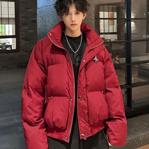 满天星红色羽绒棉服男冬季加厚保暖面包服美式高街设计感痞帅外套