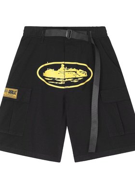 美式高街男宽松重磅多口袋工装短裤夏季印花黑色跨境多口袋五分裤