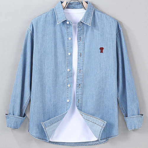 男士春秋新款牛仔长袖休闲衬衫简约刺绣帅气潮流宽松百搭衬衣