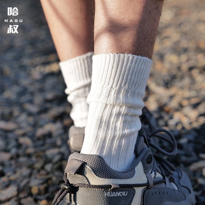 哈叔/HASU 日系工装风粗线袜子男士堆堆中筒袜复古螺纹潮流运动袜