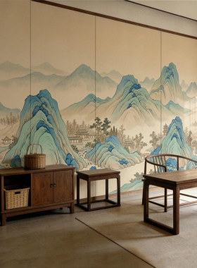 定制新中式刺绣硬包背景墙沙发电视独绣山水壁画酒店宾馆床头卧室