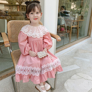 长袖 韩版 女童公主裙新款 2024年春季 中小童时尚 洋气蕾丝花边连衣裙