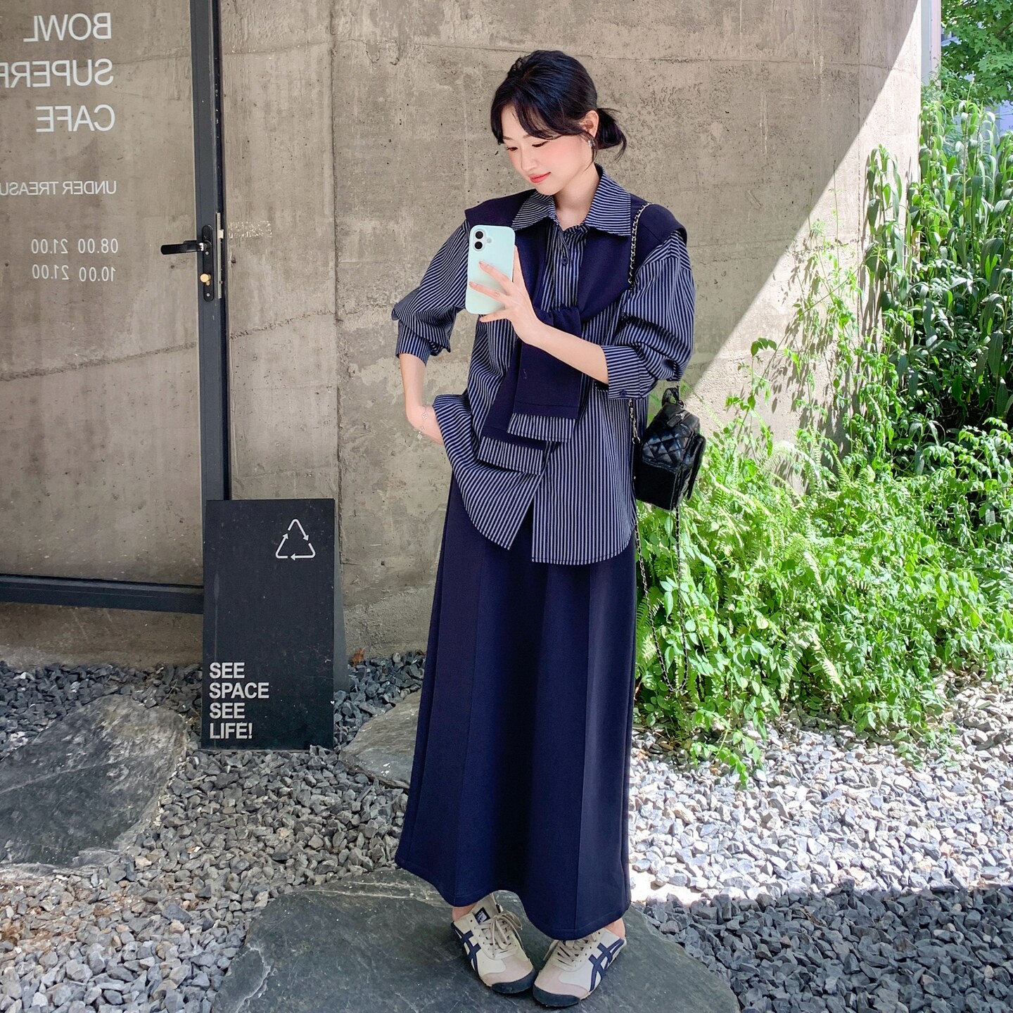 藏青色条纹学院风长袖衬衫套装女2025春秋季新款显瘦半身裙两件套,女装套装/套裙,艾艾淮淮