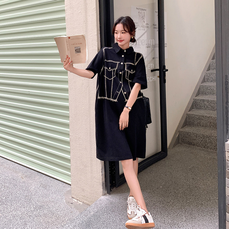 设计感小众撞色polo领连衣裙女2025夏季新款宽松休闲小个子衬衫裙,女装连衣裙,艾艾淮淮