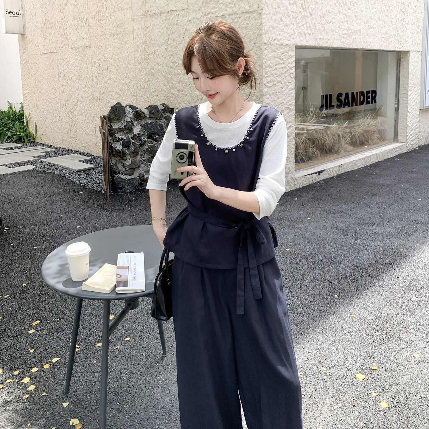 深蓝色复古马甲套装女早秋2025年新款气质高级感休闲阔腿裤三件套,女装套装/套裙,艾艾淮淮