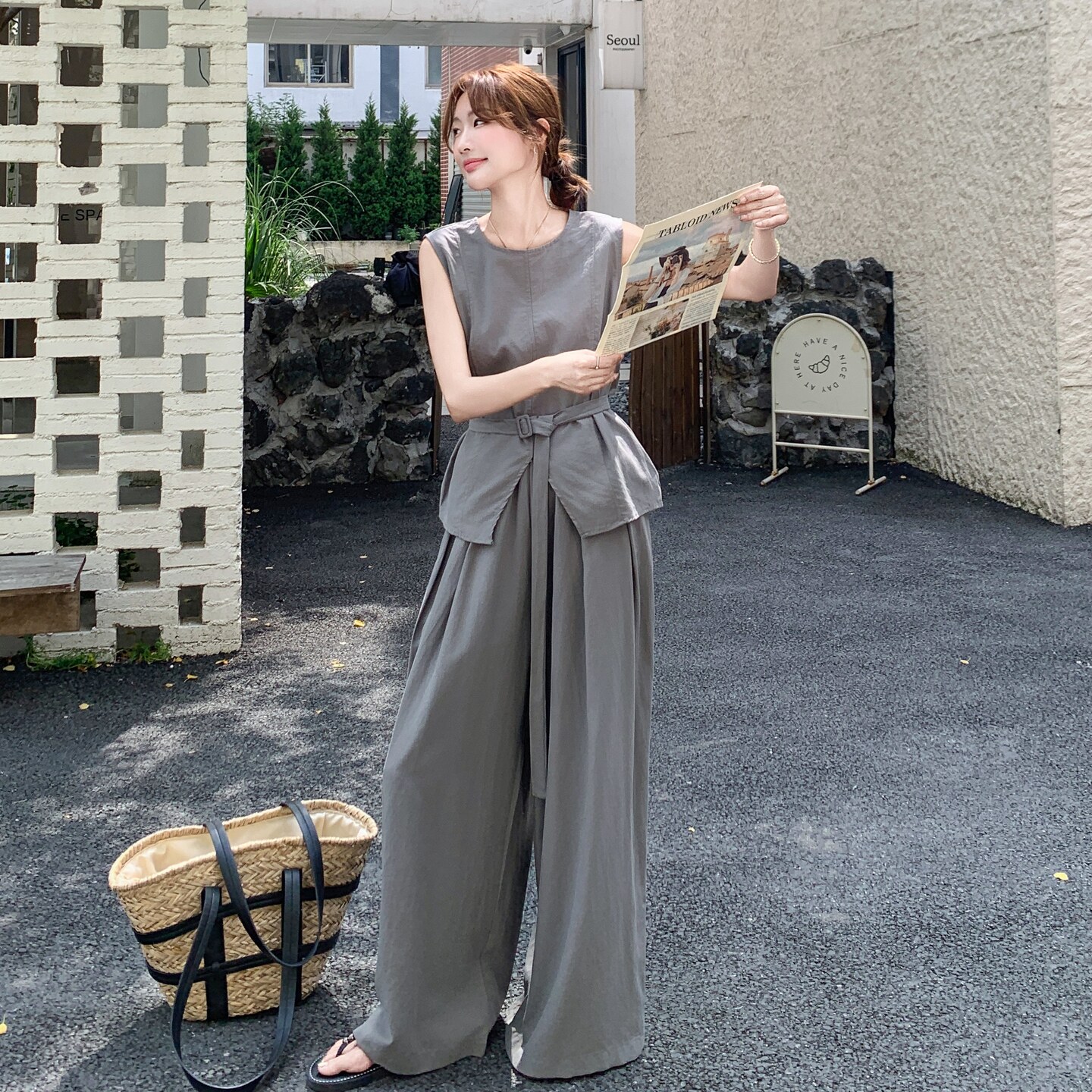 灰色御姐风薄款无袖上衣阔腿裤套装两件套女夏韩系穿搭一整套减龄,女装套装/套裙,艾艾淮淮