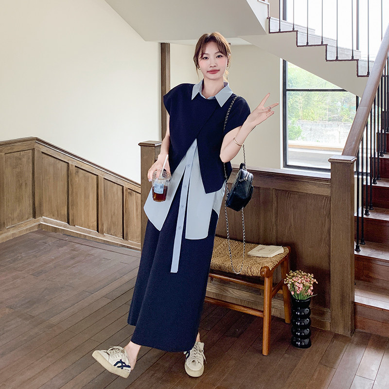 深蓝色设计感休闲套装女2025夏季新款不规则衬衫马甲半身裙三件套,女装套装/套裙,艾艾淮淮