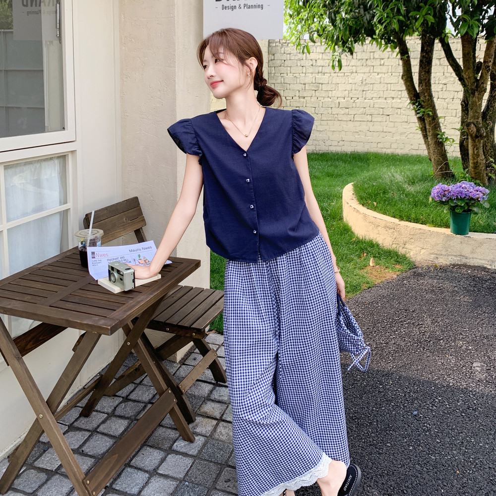 【新款】现货飞飞袖上衣+格子裤套装297-1369-P145-K208,女装套装/套裙,艾艾淮淮