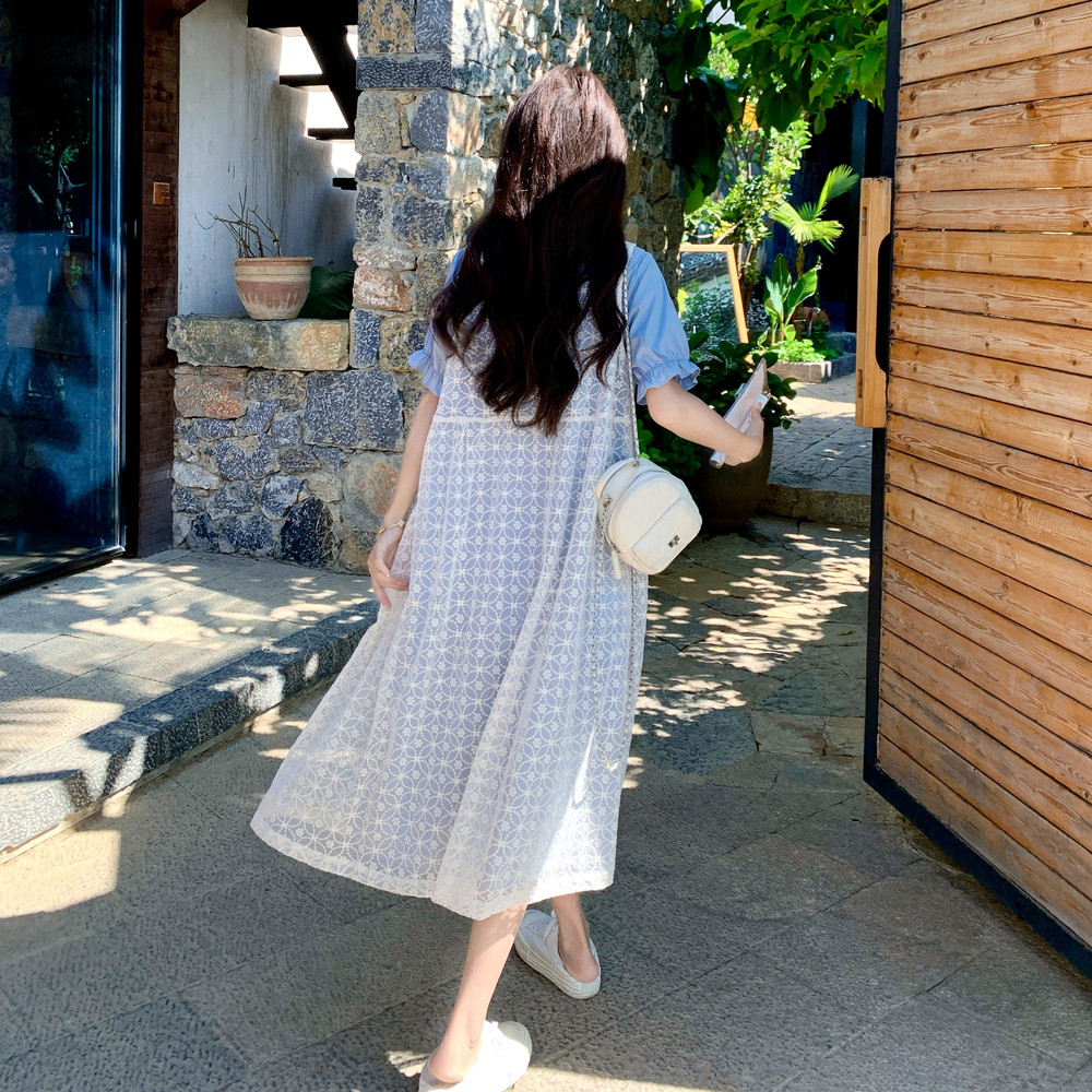 甜美蓝色衬衫裙套装女2025夏新款法式温柔显瘦白色罩衫两件套长裙图片