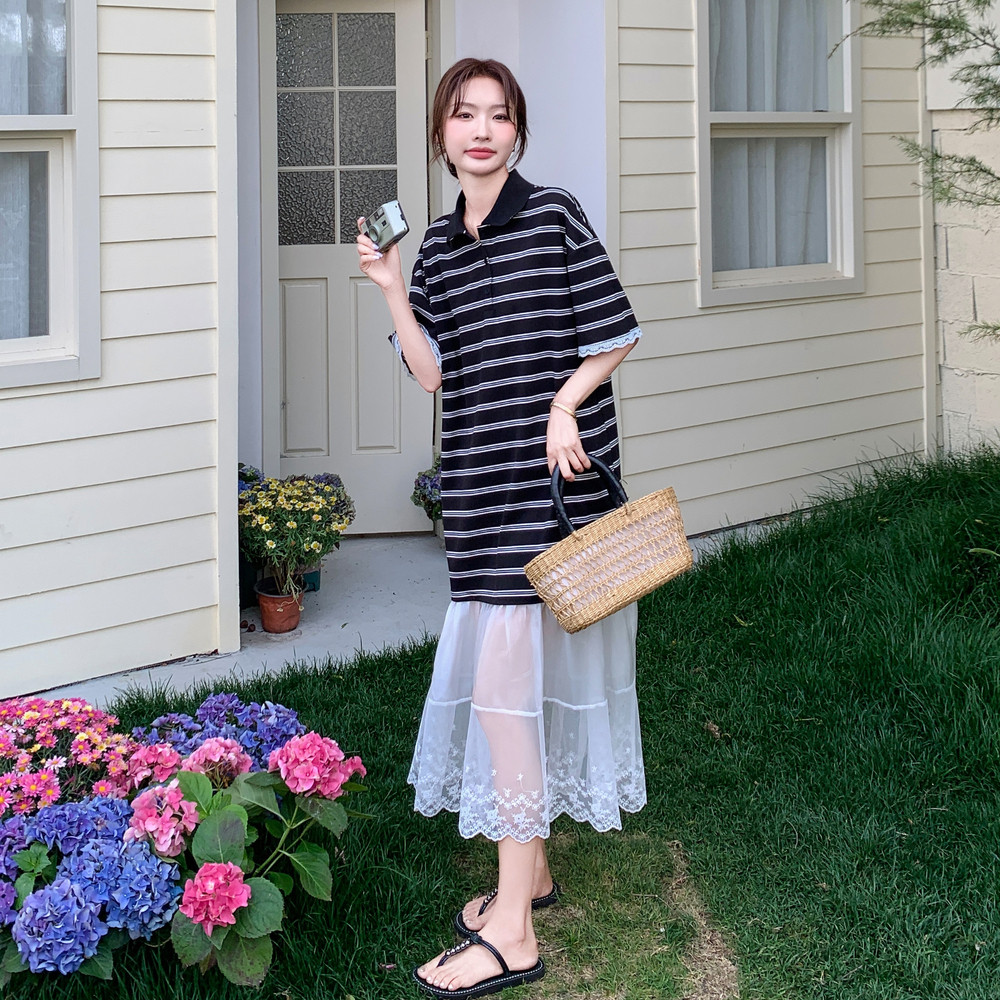 韩版复古蕾丝纱网拼接条纹连衣裙女夏2025新款休闲宽松显瘦衬衫裙,女装连衣裙,艾艾淮淮