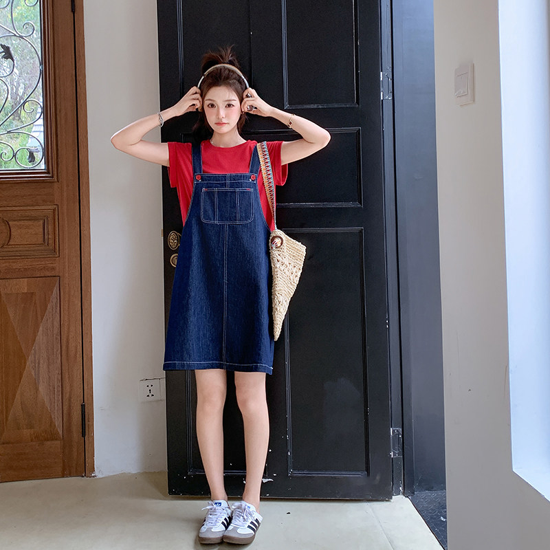 慵懒风牛仔背带裙女2025夏季新款学院风休闲T恤小个子,女装连衣裙,艾艾淮淮