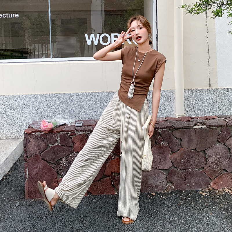 韩系松弛感穿搭套装女2025夏季新款休闲短袖T恤条纹阔腿裤两件套图片
