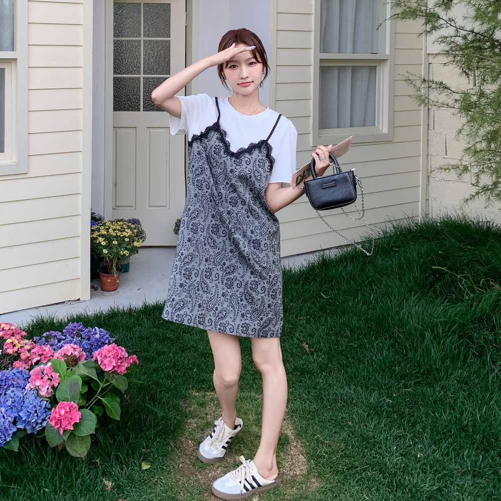 设计感超好看蕾丝拼接印花连衣裙女夏韩系学院风小个子减龄T恤裙，商品下架区商品下架区，艾艾淮淮
