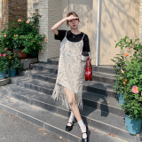 韩系气质短袖T恤裙女2025新款夏季蕾丝流苏吊带罩衫潮，女装连衣裙，艾艾淮淮