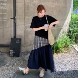 设计感格子拼接连衣裙女2025年夏季新款法式复古休闲减龄T恤长裙，女装连衣裙，艾艾淮淮