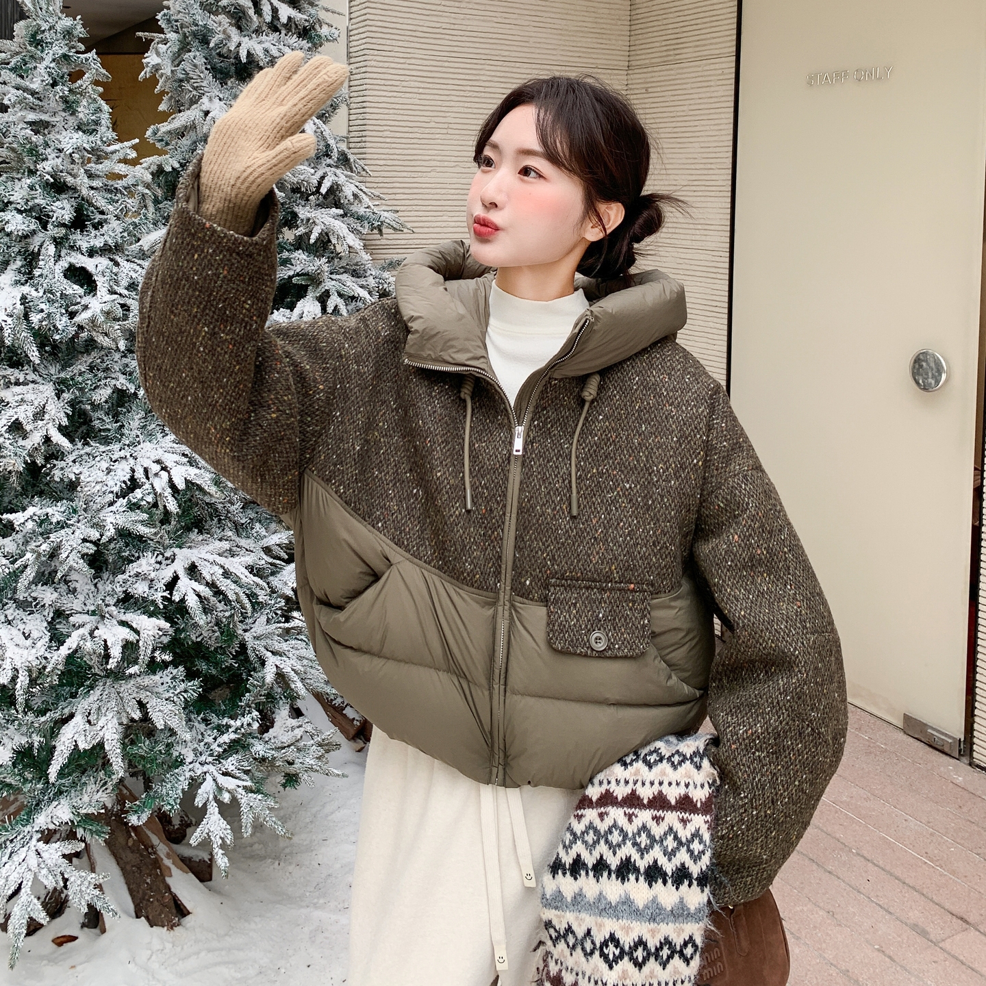 【首发新款】90绒现货复古毛呢拼接连帽羽绒服297-1934-P275-K408