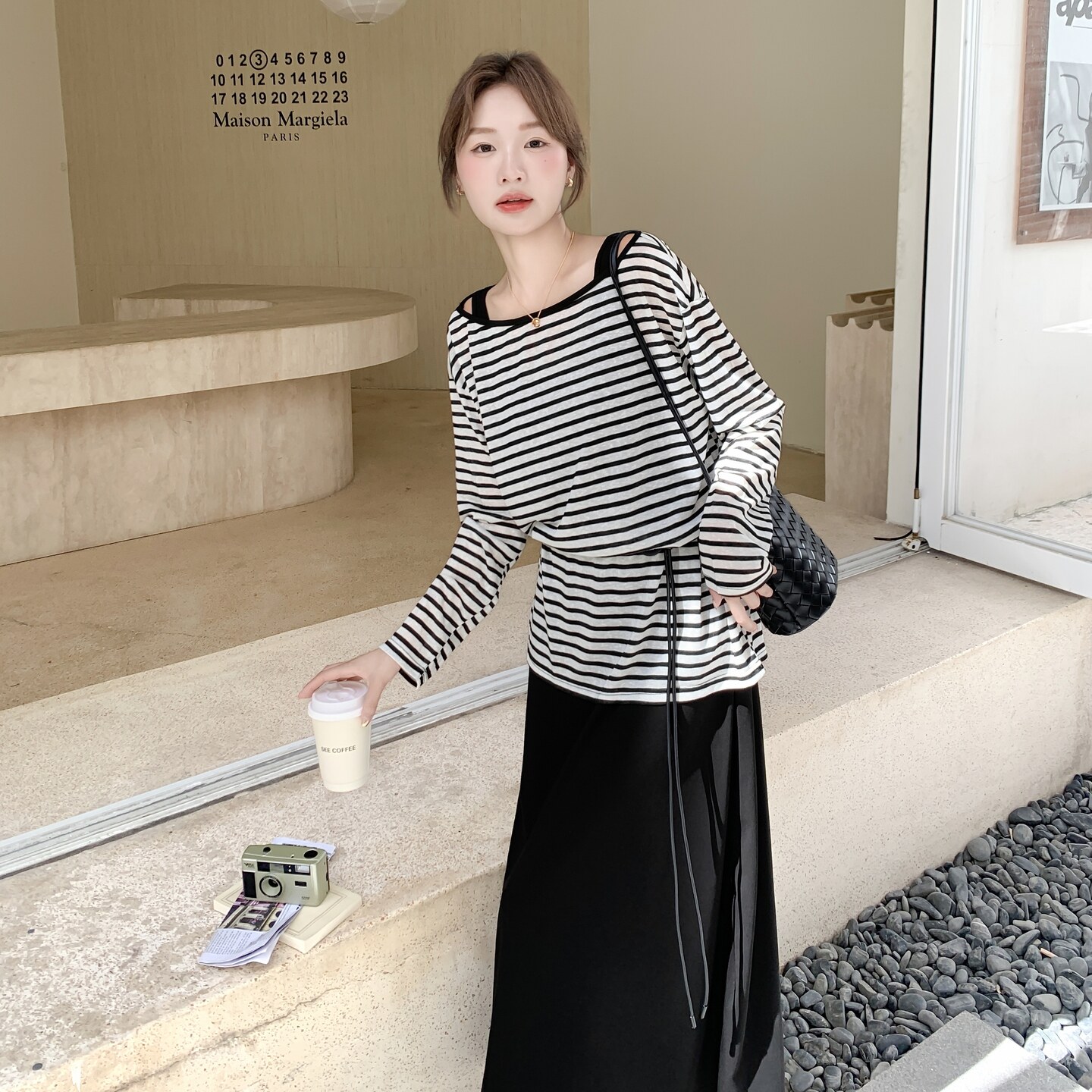 现货条纹斜肩上衣+背心裙套装297-1665-P145-K208,商品下架区,艾艾淮淮