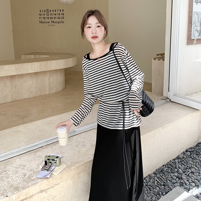 现货 条纹  斜肩上衣+背心裙套装297-1665-P145-K208