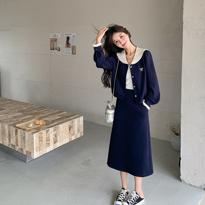 2025秋季韩系学院风娃娃领上衣套装女减龄少女感高腰半身裙两件套,女装套装/套裙,艾艾淮淮