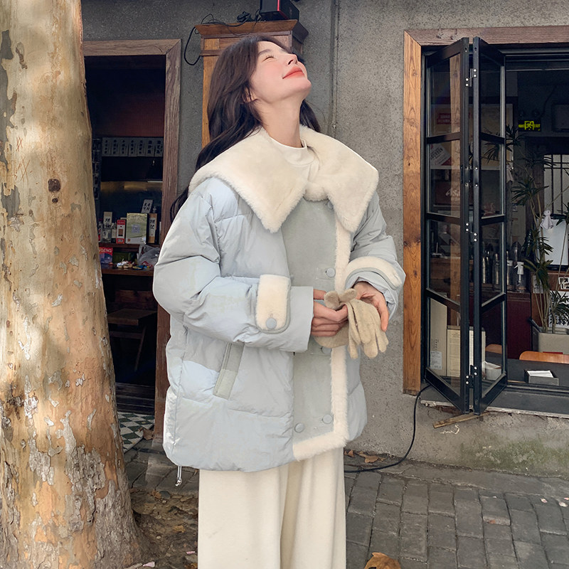 现货90绒羊羔毛拼接大翻领羽绒服297-1082-P275-K398,女装短外套,艾艾淮淮