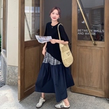 设计感格子拼接连衣裙女2025年夏季新款法式复古休闲减龄T恤长裙，女装连衣裙，艾艾淮淮
