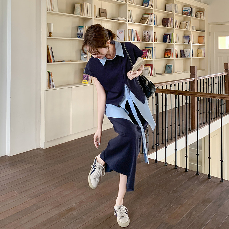 深蓝色设计感休闲套装女2025夏季新款不规则衬衫马甲半身裙三件套,女装套装/套裙,艾艾淮淮