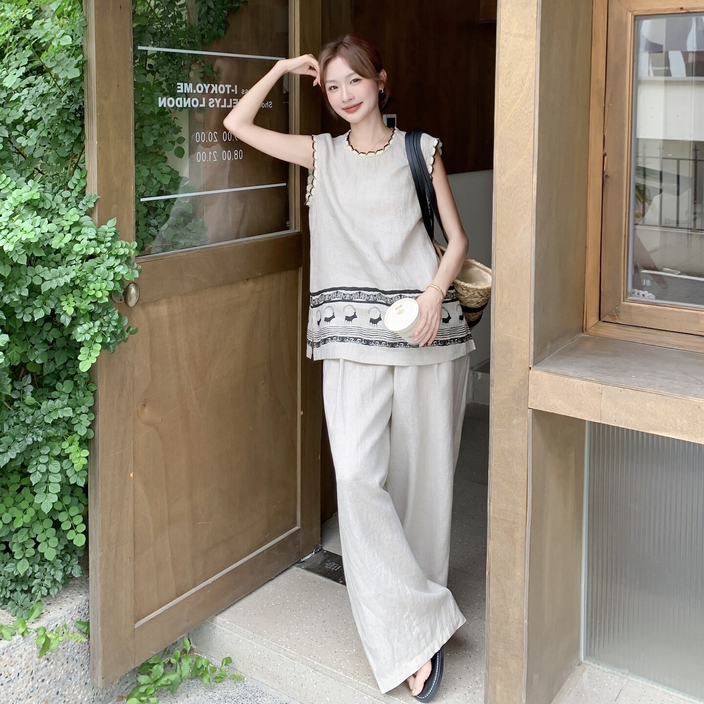文艺复古印花无袖背心阔腿裤套装女2025夏季新款高级感休闲两件套,女装套装/套裙,艾艾淮淮