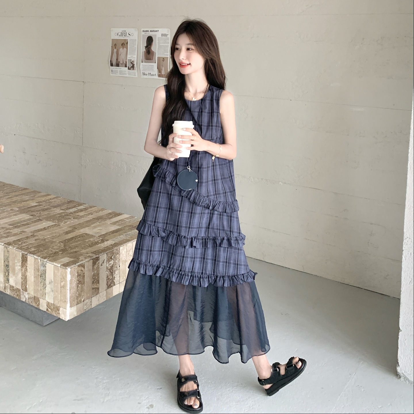 【新款】现货格子拼接网纱无袖连衣裙297-1519-P135-K198，女装连衣裙，艾艾淮淮