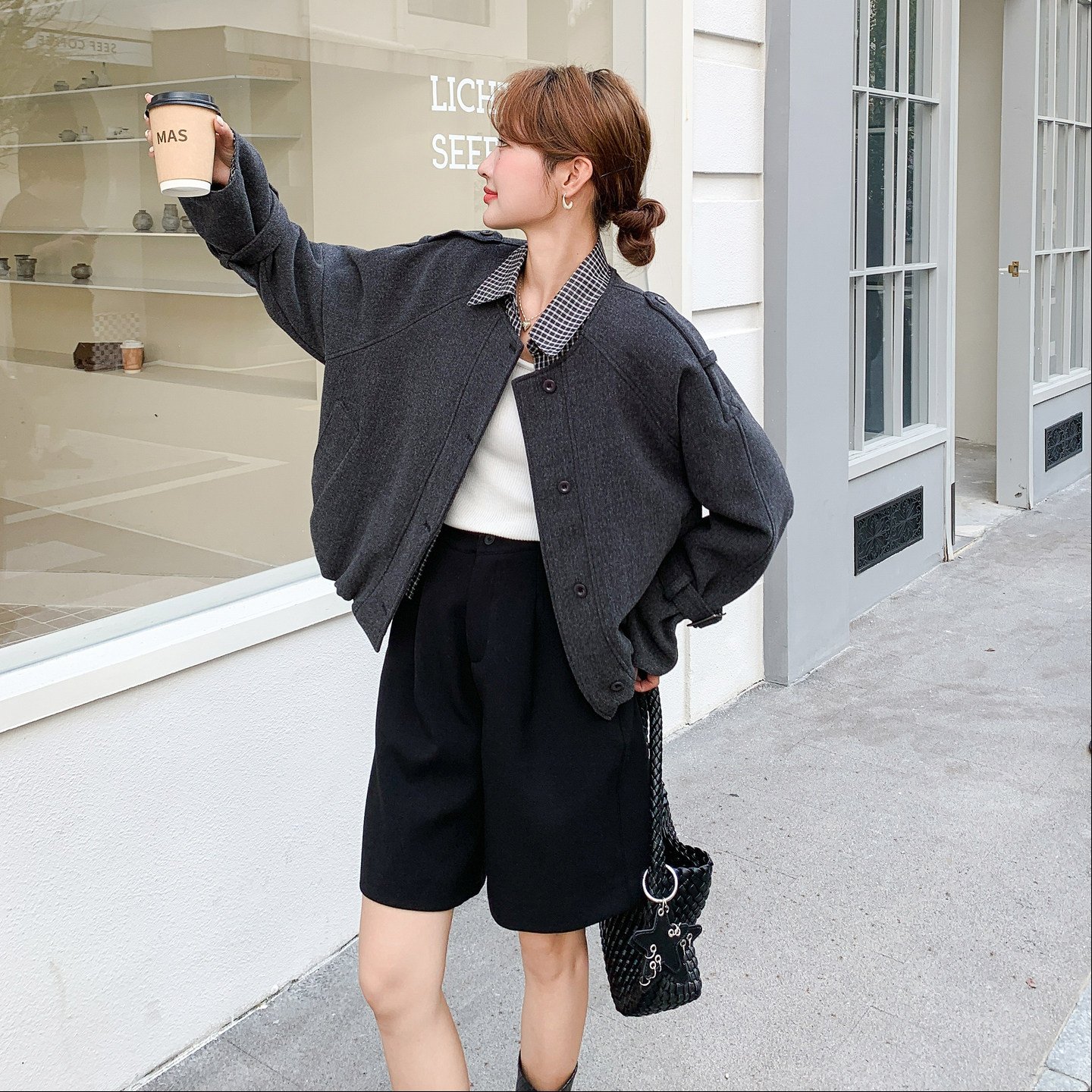 通勤风灰色毛呢外套女秋冬超火好看高级小众漂亮短款加厚夹克上衣,女装套装/套裙,艾艾淮淮