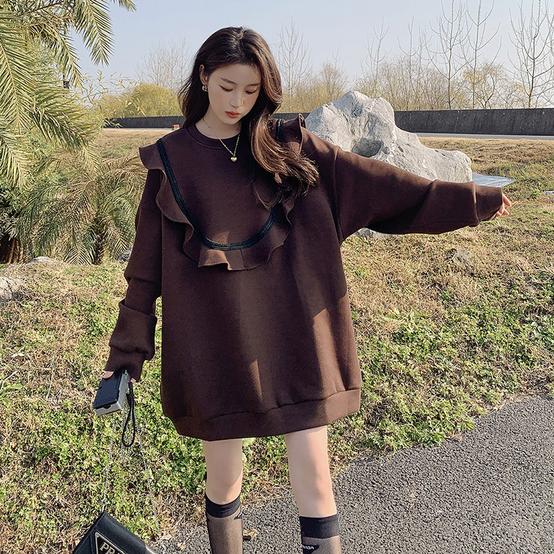 韩版甜美减龄木耳边圆领卫衣女2025春秋季新款宽松显瘦学院风上衣,女装连衣裙,艾艾淮淮